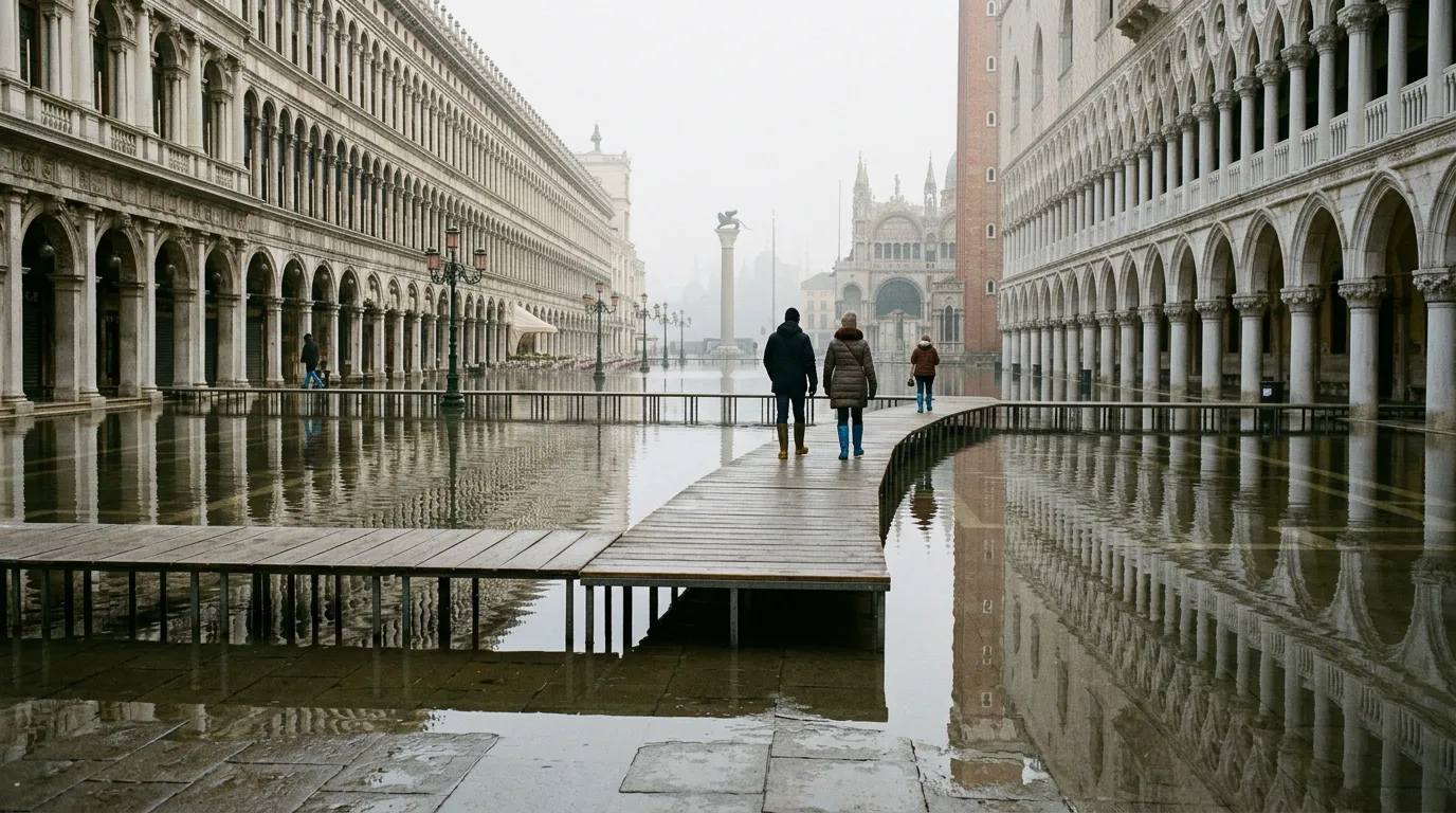 Raised wooden walkways across a flooded arcaded square in Venice during a winter high tide