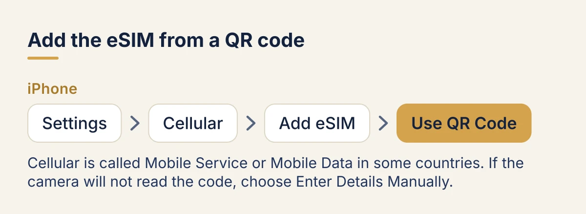 Adding an eSIM from a QR code on iPhone: Settings, then Cellular (Mobile Service or Mobile Data in some countries), then Add eSIM, then Use QR Code. If the camera will not read the code, choose Enter Details Manually.