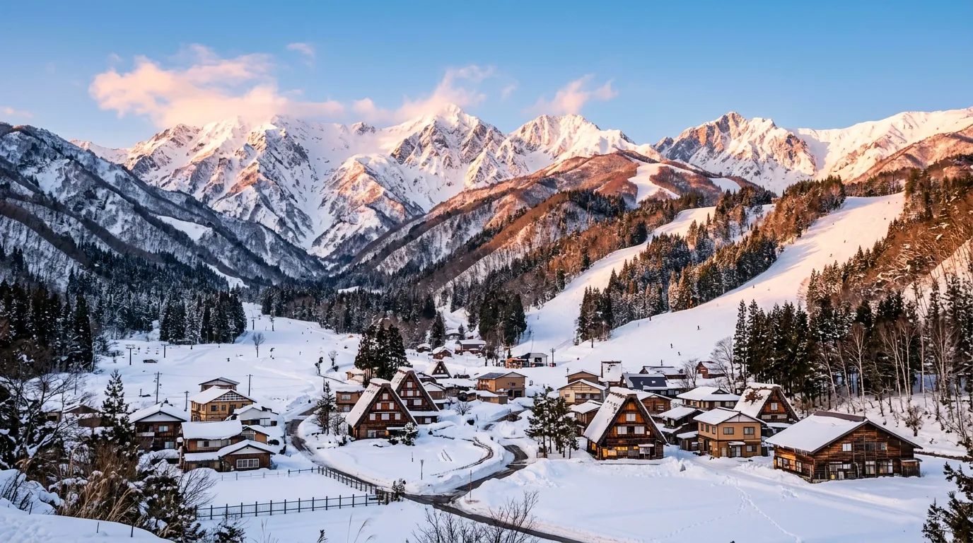 Snowy valley village below ski runs and a jagged range of peaks glowing pink in the late afternoon sun