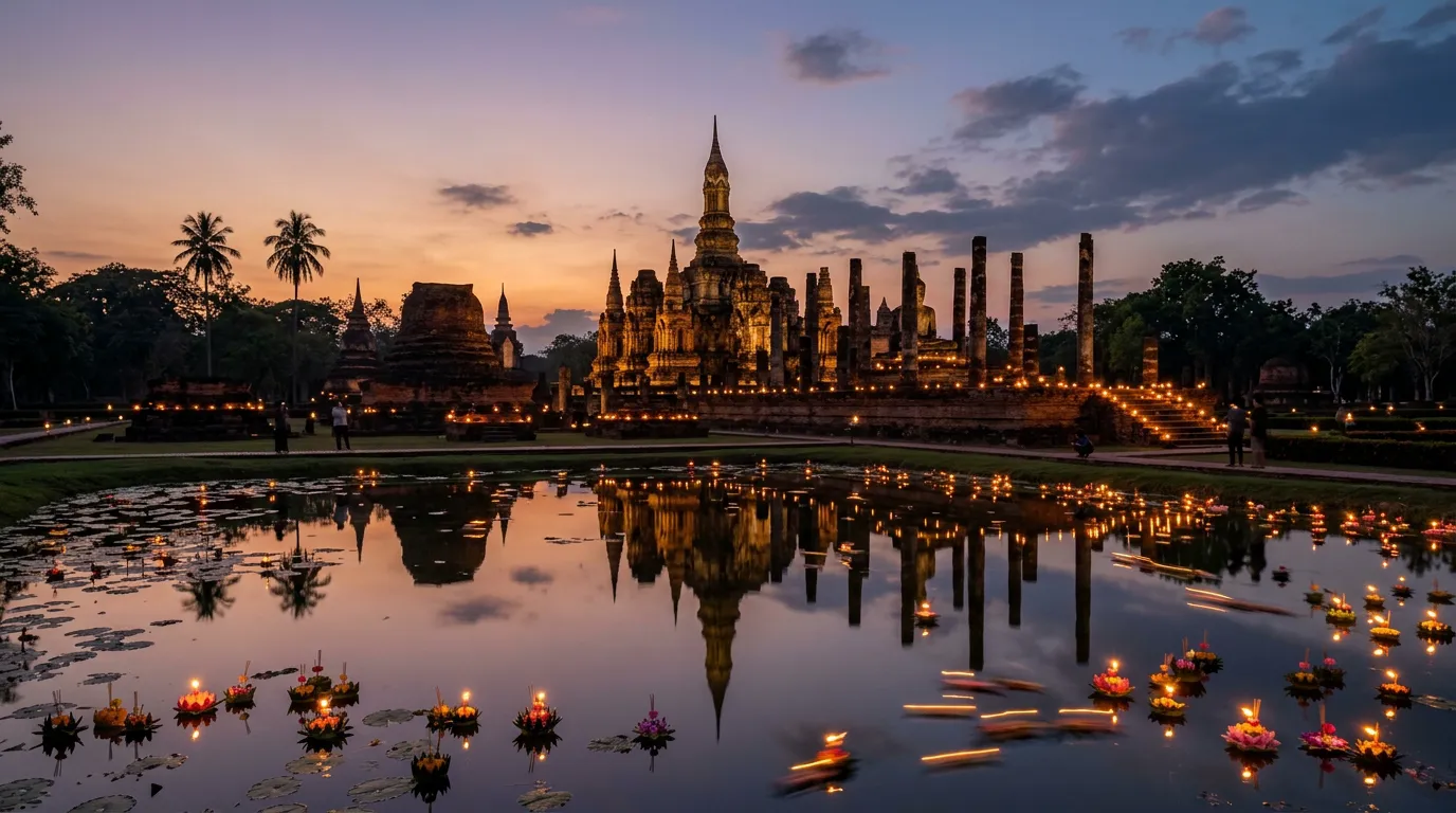 Ancient brick temple ruins reflected in a lotus pond with candlelit krathong floating at dusk in Sukhothai