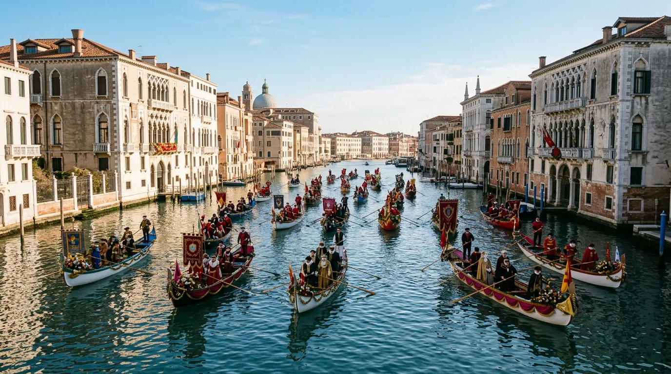 Decorated wooden rowing boats with costumed rowers on the Grand Canal on a clear winter morning