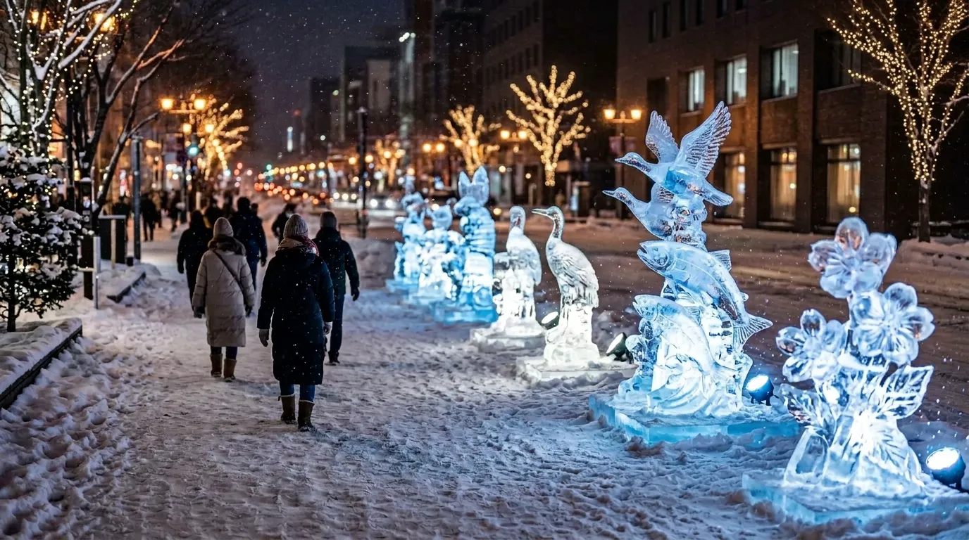 Carved ice sculptures glowing blue and white along a snowy avenue at night as snow falls