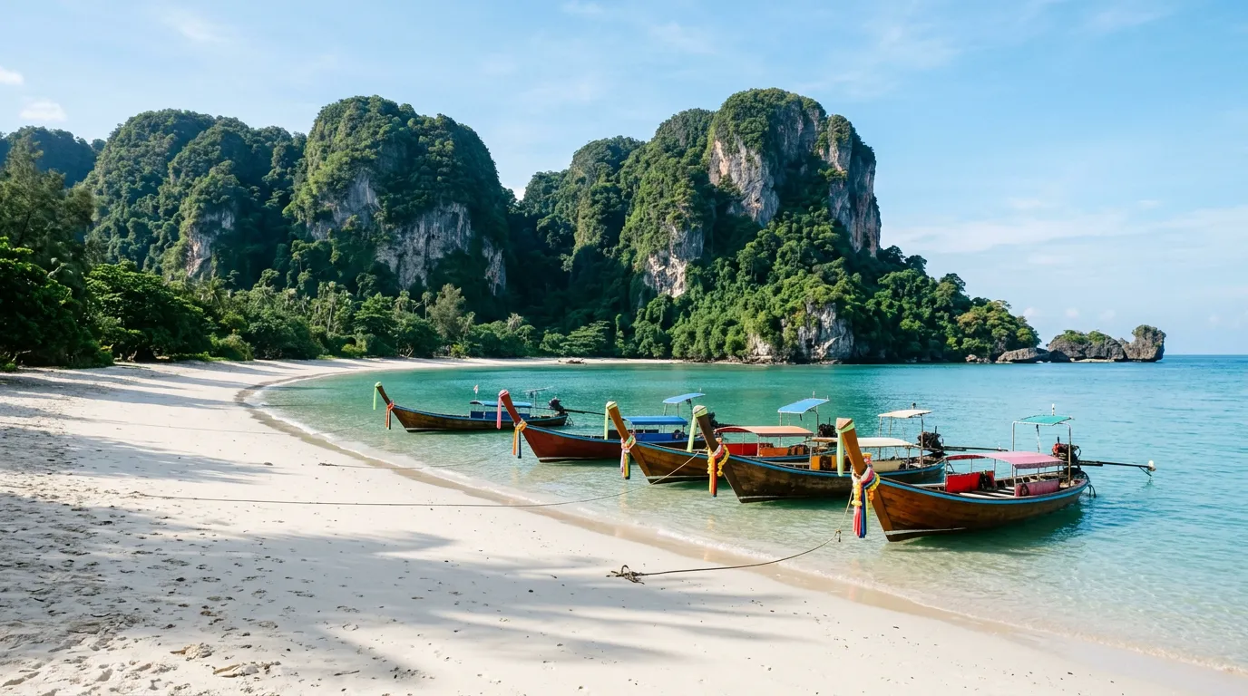 Colorful long-tail boats moored on a white sand beach below green limestone cliffs in southern Thailand