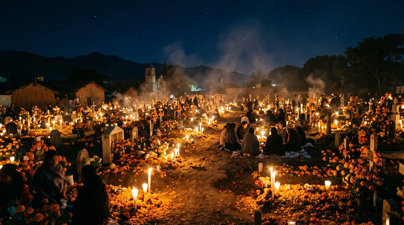 Graves covered in marigolds and lit by hundreds of candles during a night vigil in a Mexican village cemetery