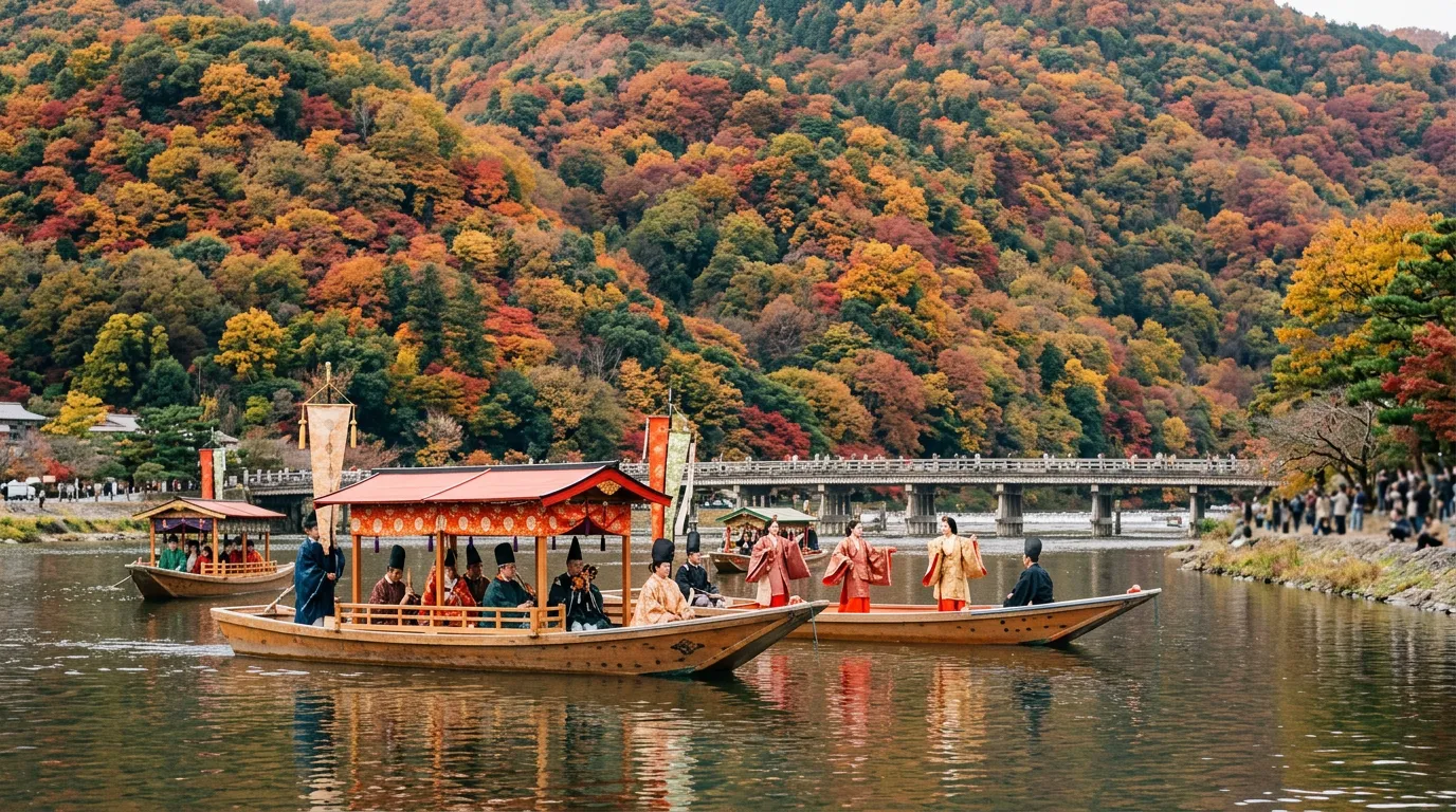 Decorated boats with performers in Heian court dress on a river below maple-covered hills in Arashiyama
