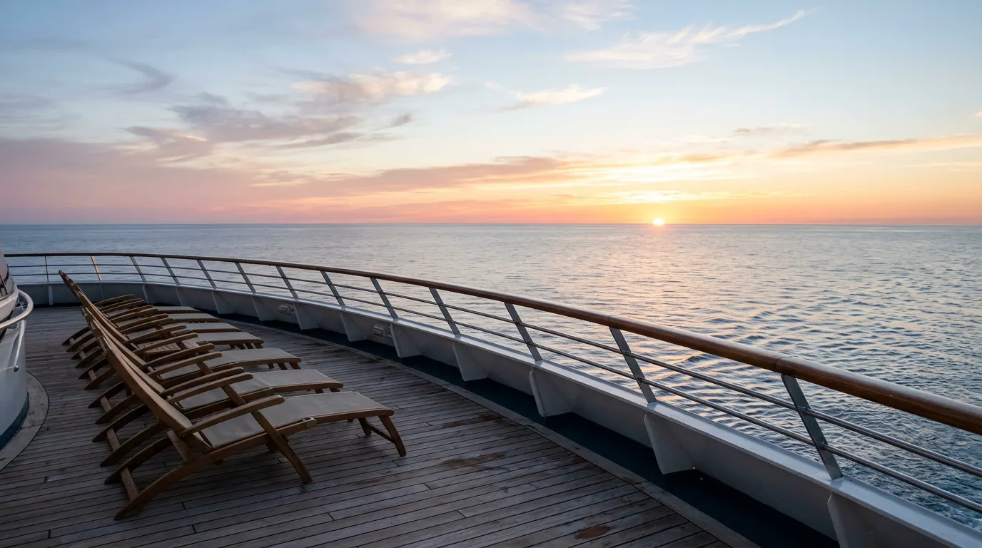 Empty sun loungers on a ship's upper deck at sunrise, with open ocean to the horizon