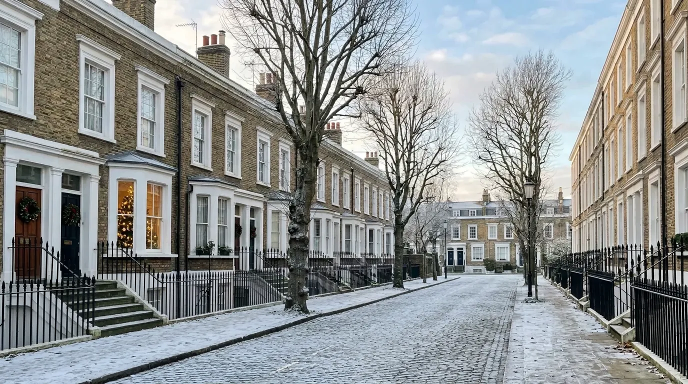 Empty terraced street of Georgian townhouses with wreaths on the doors on a frosty Christmas morning