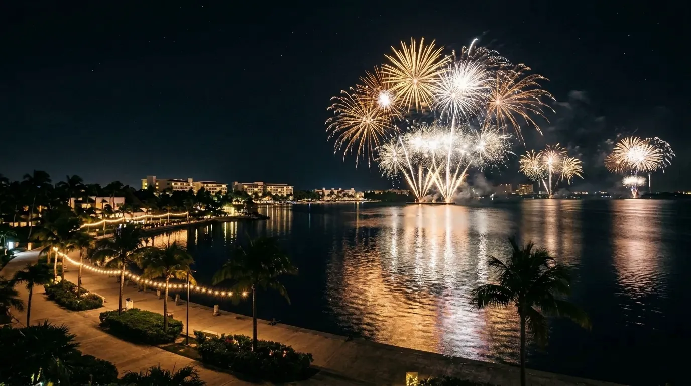 Fireworks over the lagoon in Cancún at night, reflected in the water beside a palm-lined promenade with string lights