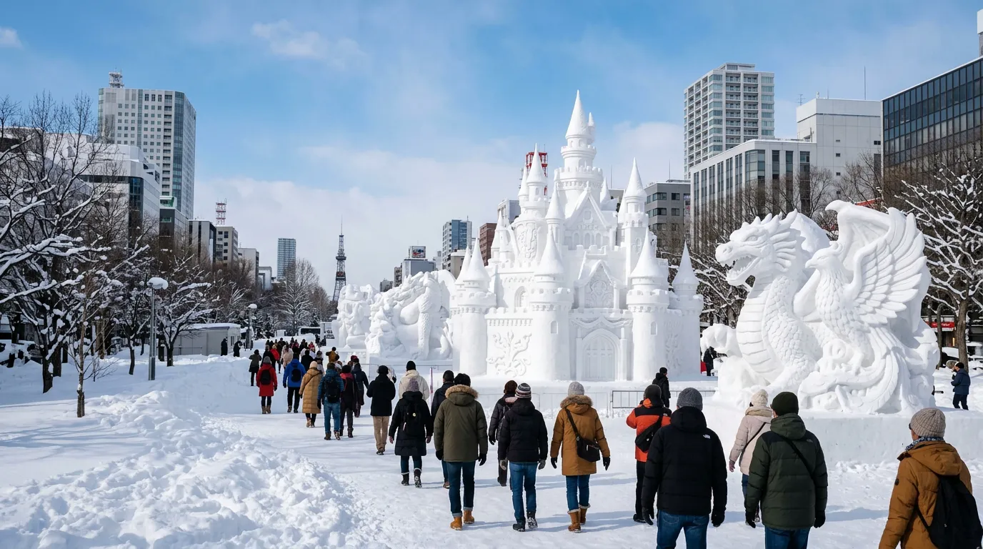 Huge snow sculptures of castles and mythical animals lined up along a snowy city park under a blue sky