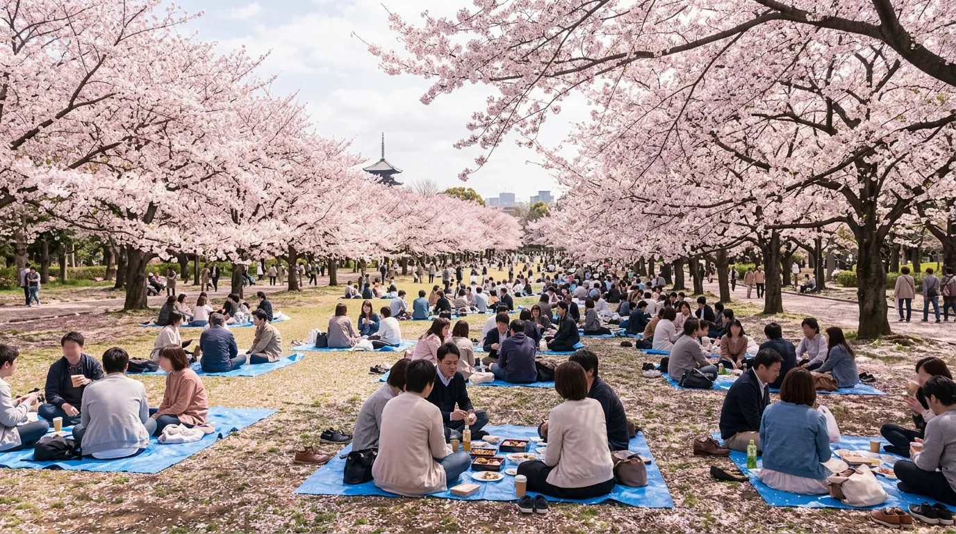 Groups picnicking on blue sheets beneath blossoming cherry trees in a city park