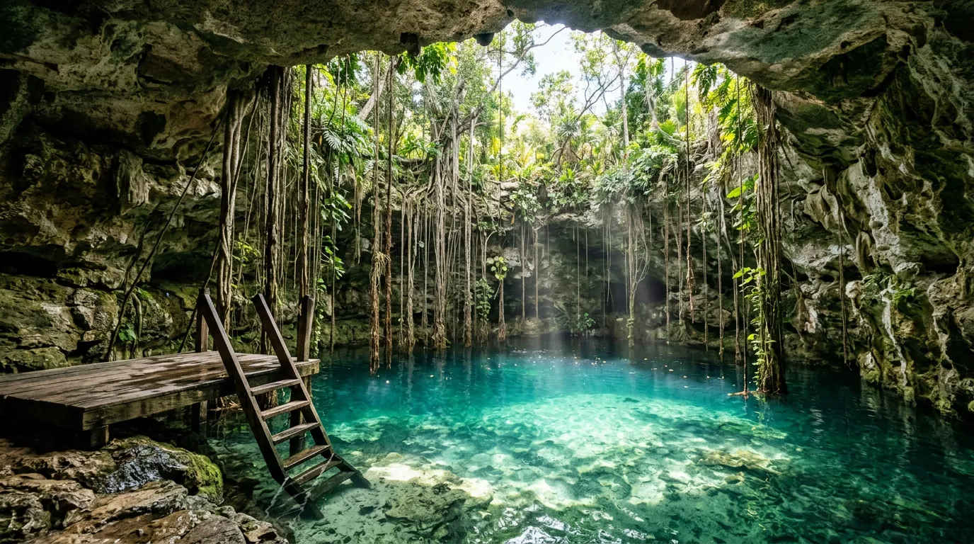 Hanging roots and a wooden ladder above the clear turquoise water of a cenote in the Yucatán jungle