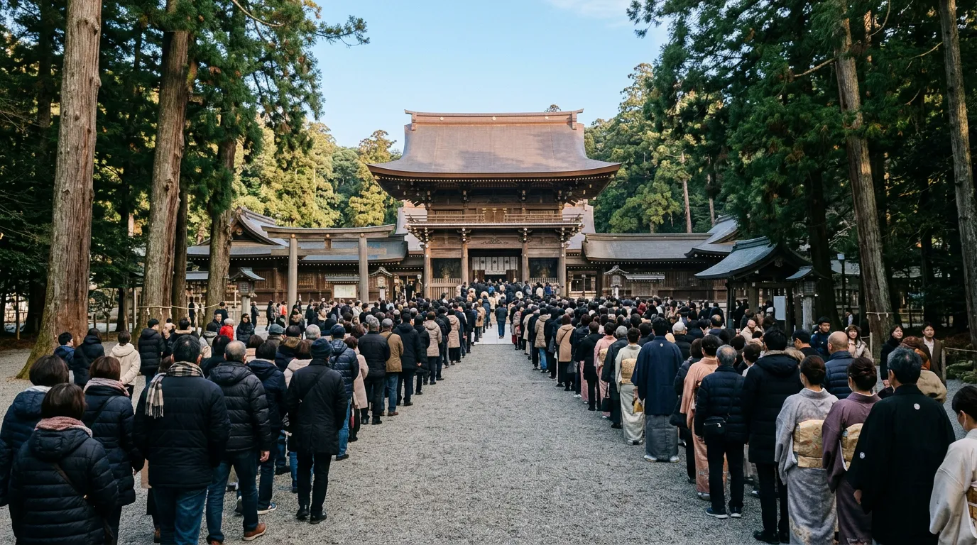 Large crowd in winter coats queuing along a gravel approach to a wooden shrine hall on New Year's Day