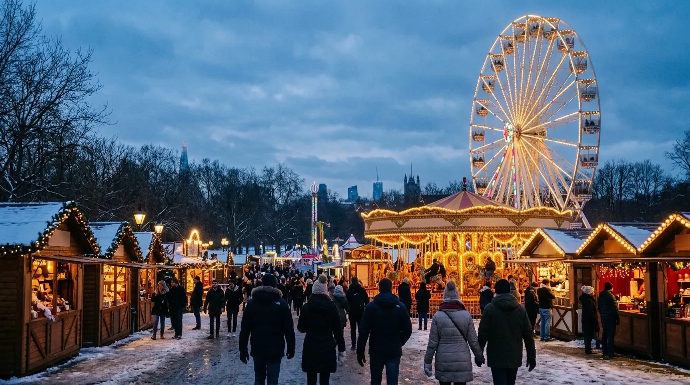 Illuminated ferris wheel, carousel and wooden food huts in a park funfair on a December evening
