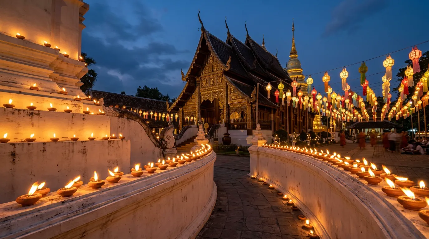 Rows of small clay oil lamps glowing along a temple wall under paper lanterns at dusk in Chiang Mai