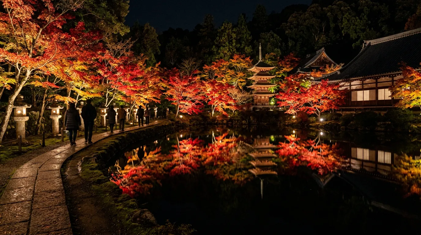 Maples lit from below and reflected in a dark temple pond during an autumn night light-up in Kyoto
