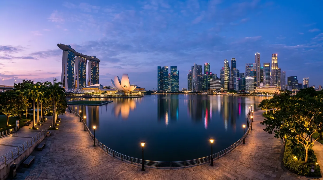 Marina Bay and the Singapore skyline reflected in the water at blue hour, seen from a lamplit waterfront promenade