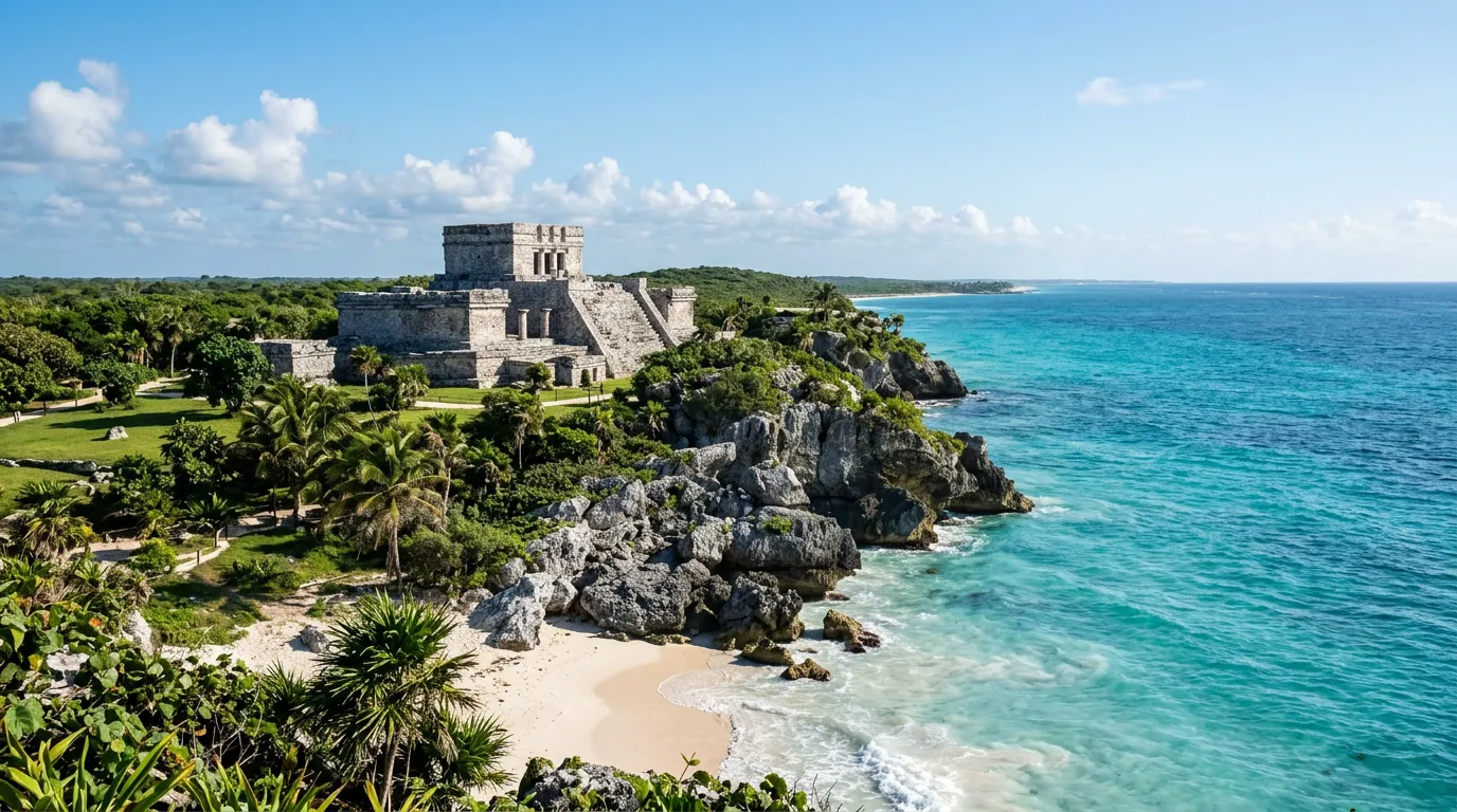 Mayan stone ruins on a limestone cliff above the turquoise Caribbean at Tulum, with a small sandy cove below