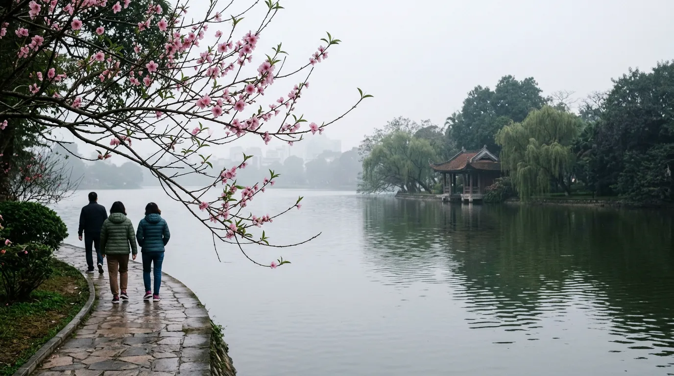 Pink peach blossom beside a misty lake with willows and a small pavilion on a cool February morning