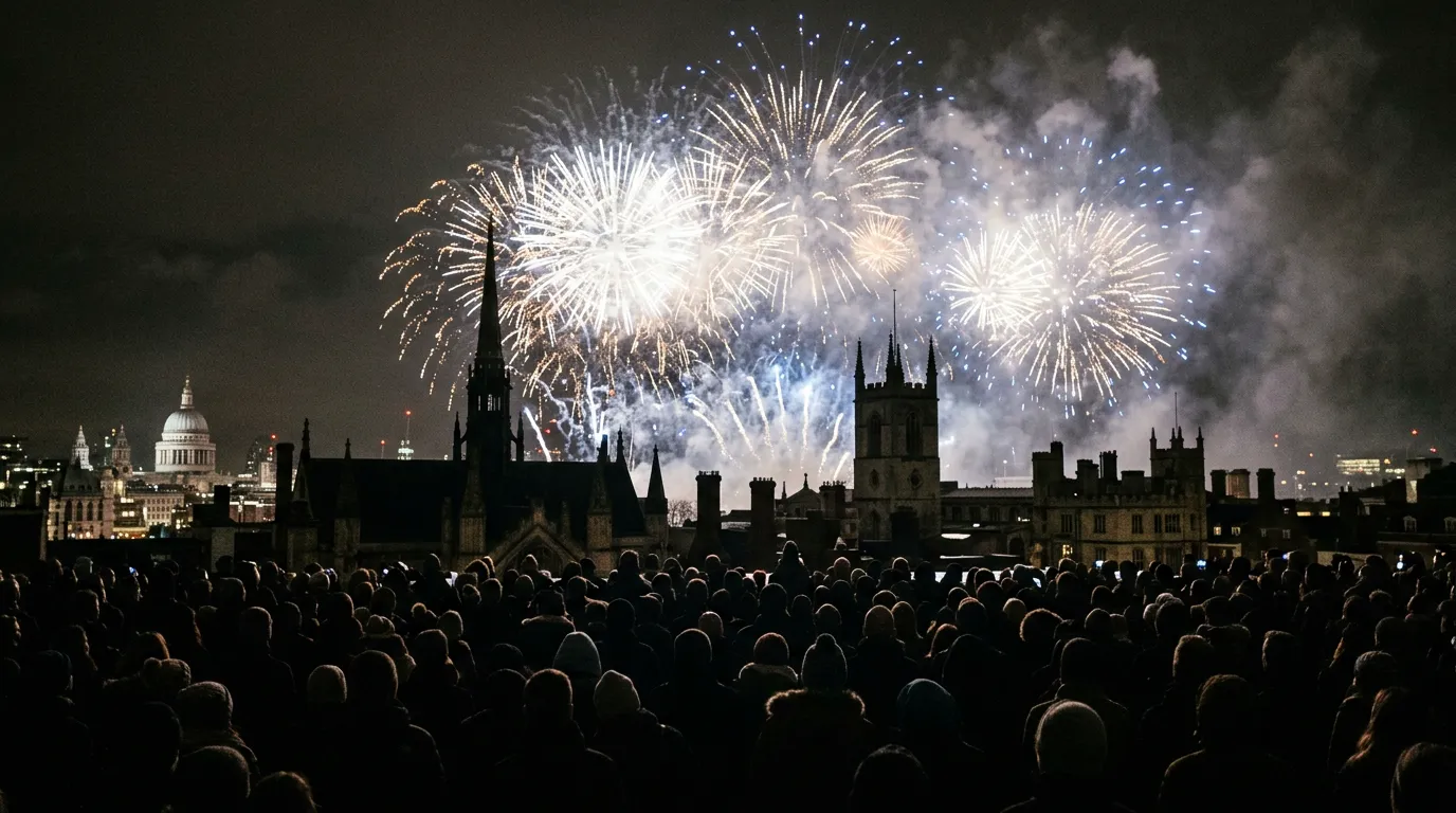 White, gold and blue fireworks filling the midnight sky above city rooftops, with a crowd silhouetted below