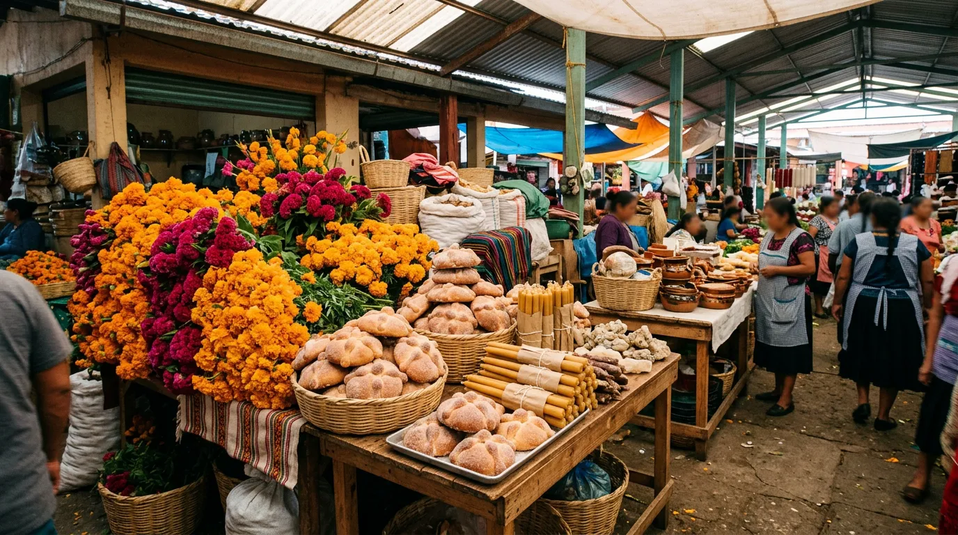 Market stall in Oaxaca piled with marigolds, cockscomb flowers, candles and pan de muerto