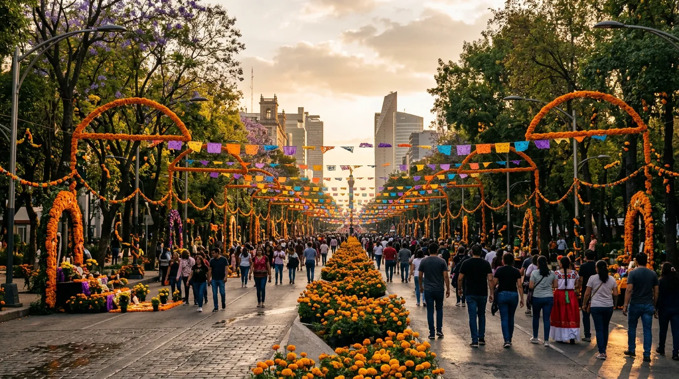 Orange marigold arches and papel picado along a wide Mexico City boulevard in late afternoon light