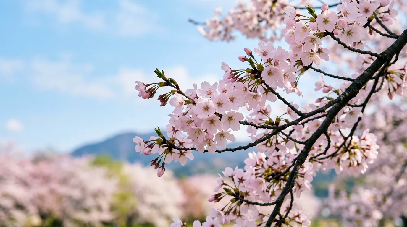 Clusters of pale pink cherry blossoms and a few buds on dark branches against a soft blue sky