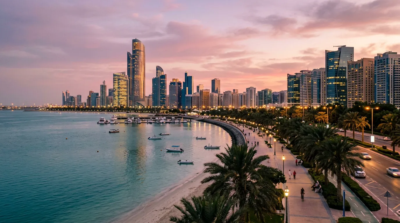 The palm-lined Abu Dhabi Corniche and the city skyline at dusk