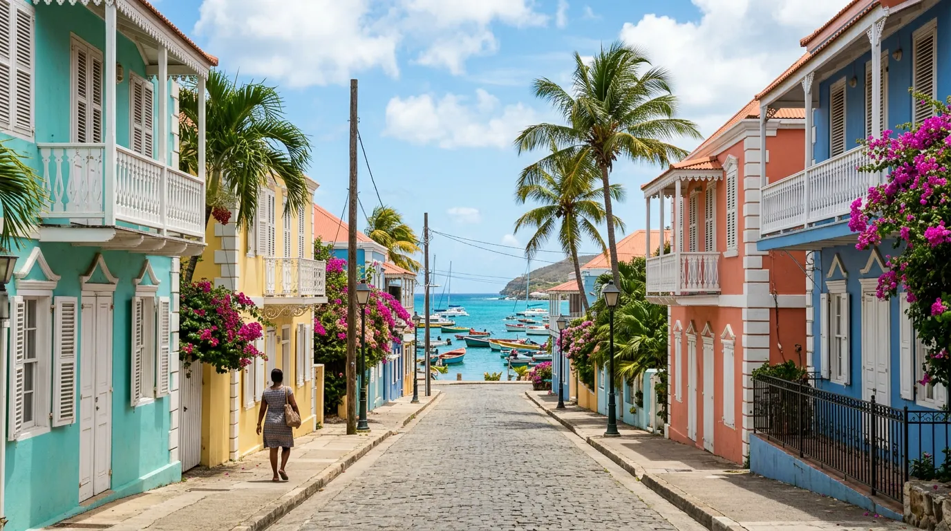 Pastel colonial buildings, palm trees and bougainvillea on a Caribbean harbor street, with small boats at the end