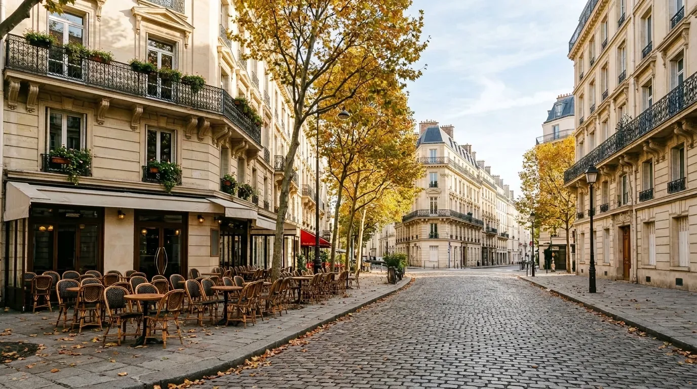 A quiet Paris street in autumn, with cream stone apartment buildings, golden plane trees and an empty café terrace