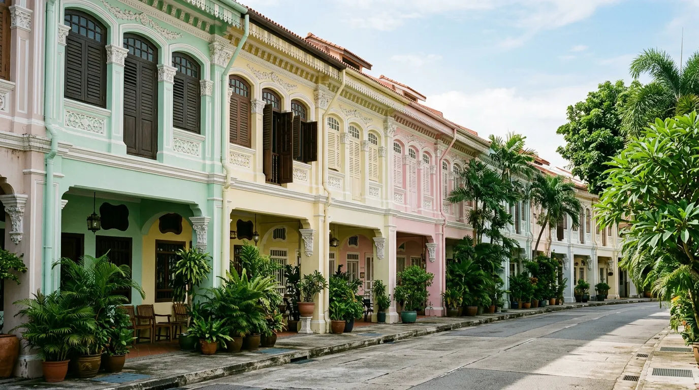 A quiet Singapore street of restored pastel shophouses with wooden shutters and potted palms on a bright morning