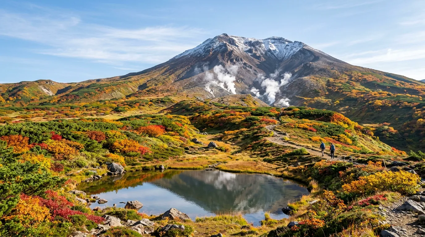 Red and yellow alpine shrubs under a volcanic summit dusted with first snow in Hokkaido's mountains