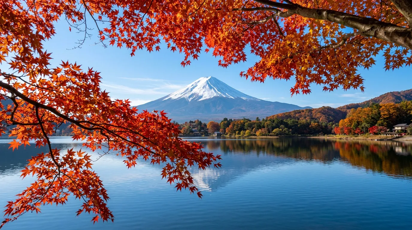Red maples framing Lake Kawaguchi with snow-capped Mount Fuji behind