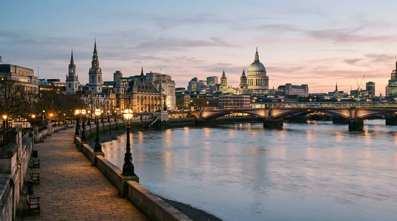 The River Thames in London at dusk, with lamps along the riverside walk and a domed cathedral on the far bank