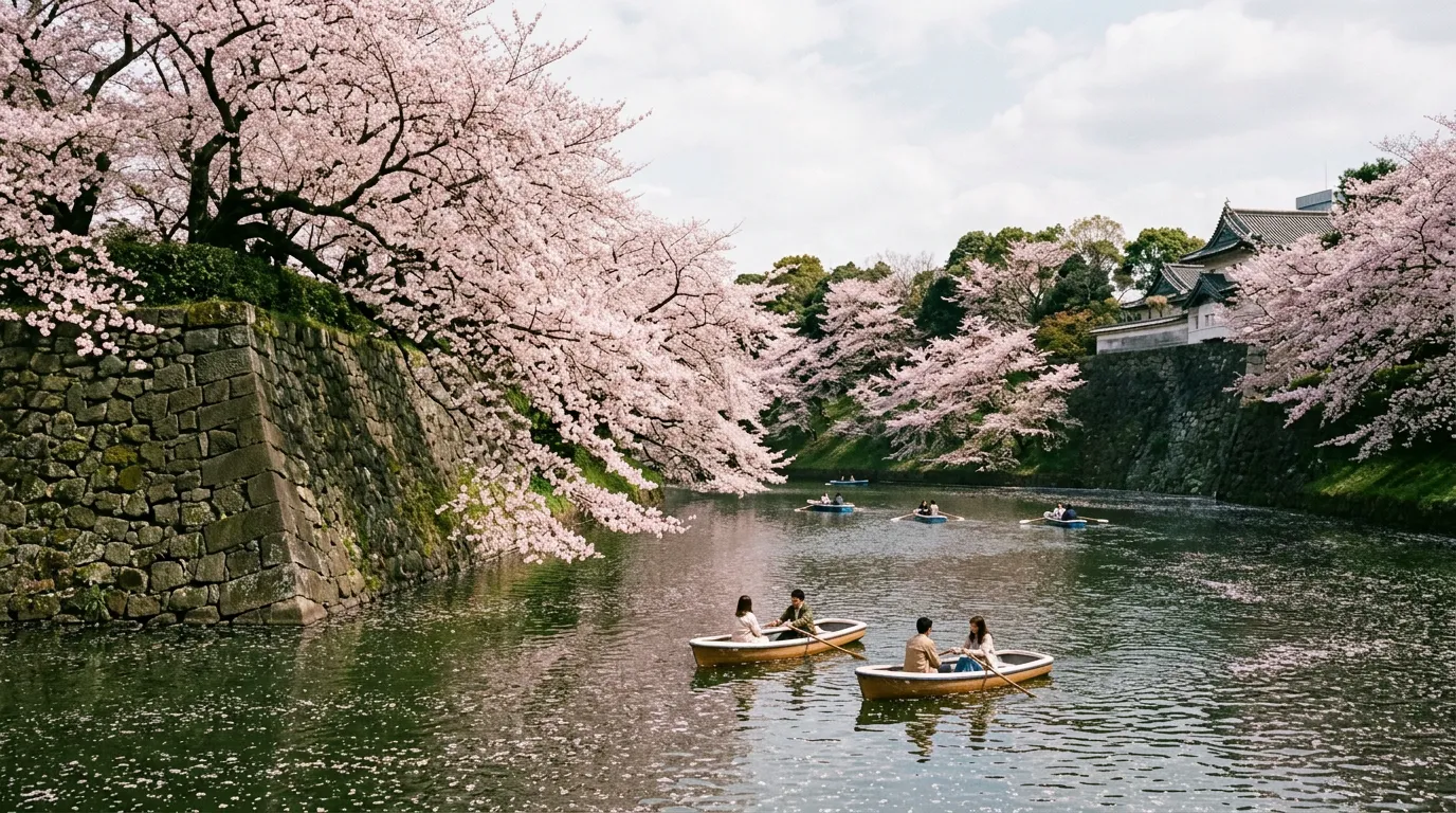 Small rowing boats on a moat beneath cherry branches leaning from a stone embankment in Tokyo