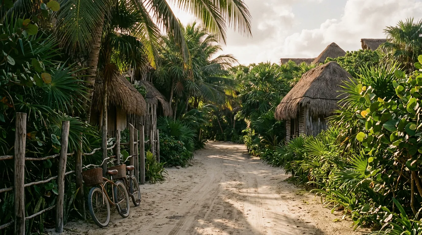 A sandy jungle road in Tulum lined with palm-thatched cabins, with two bicycles leaning on a wooden fence