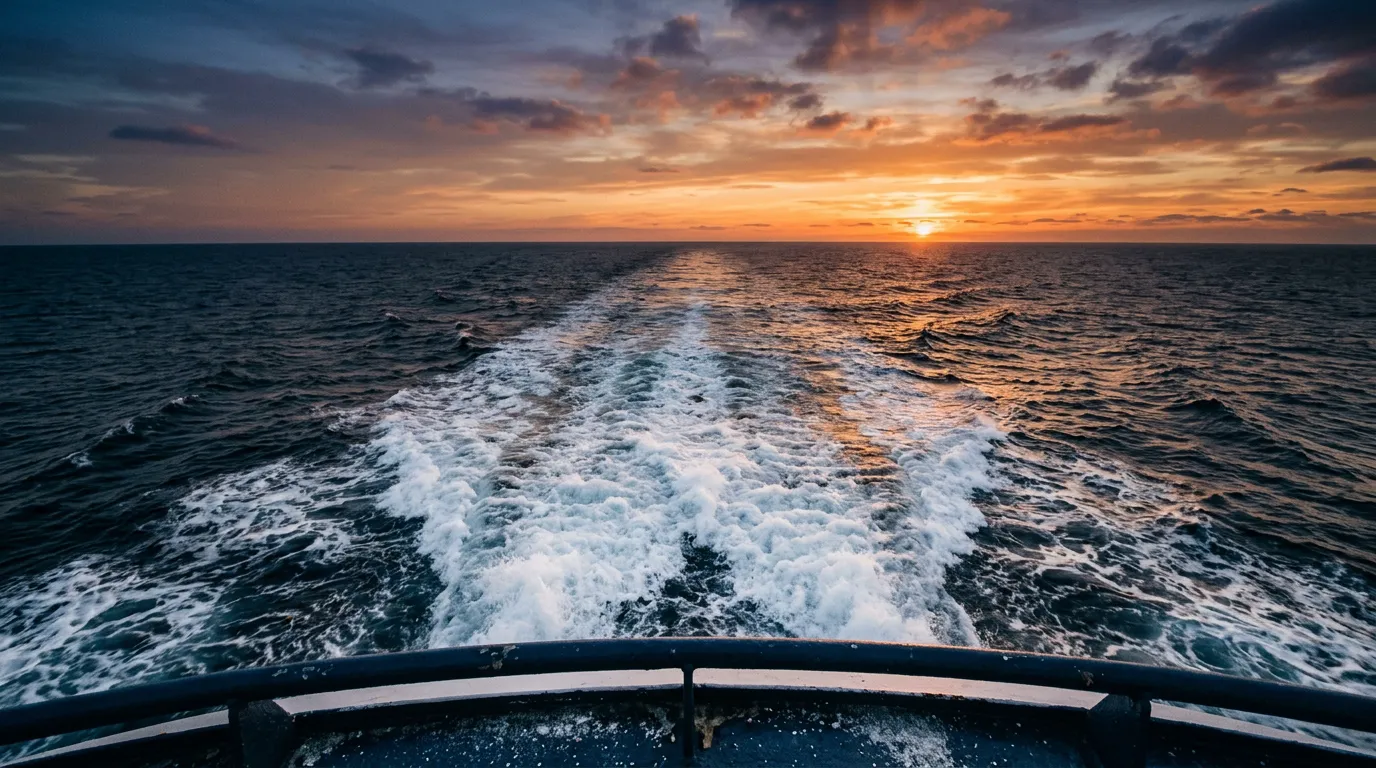 A ship's white wake trailing across the open ocean at sunset