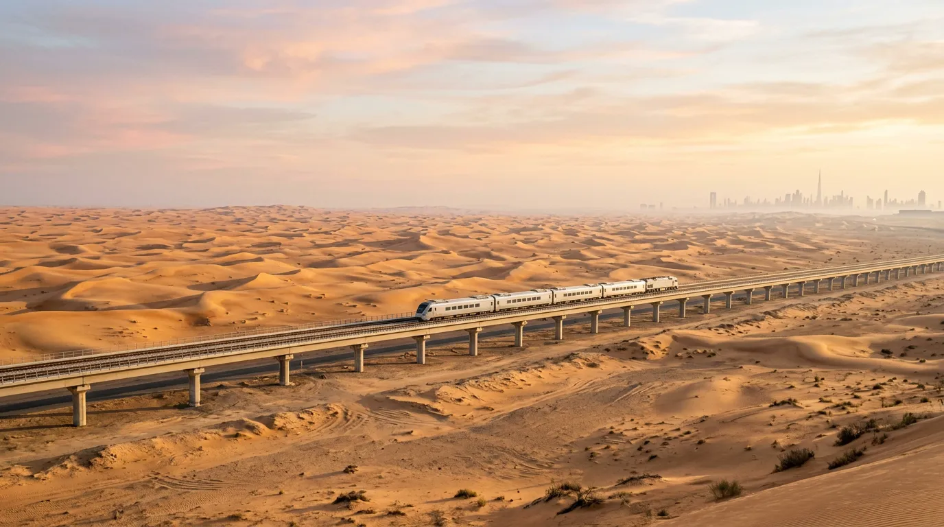 A silver passenger train on an elevated track crossing desert dunes at sunrise, with a city skyline on the horizon