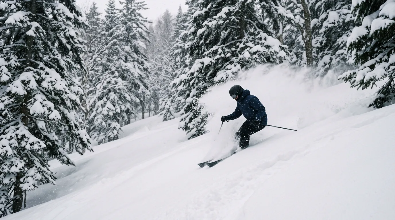 A skier sending up a plume of deep powder between snow-laden conifers as snow falls