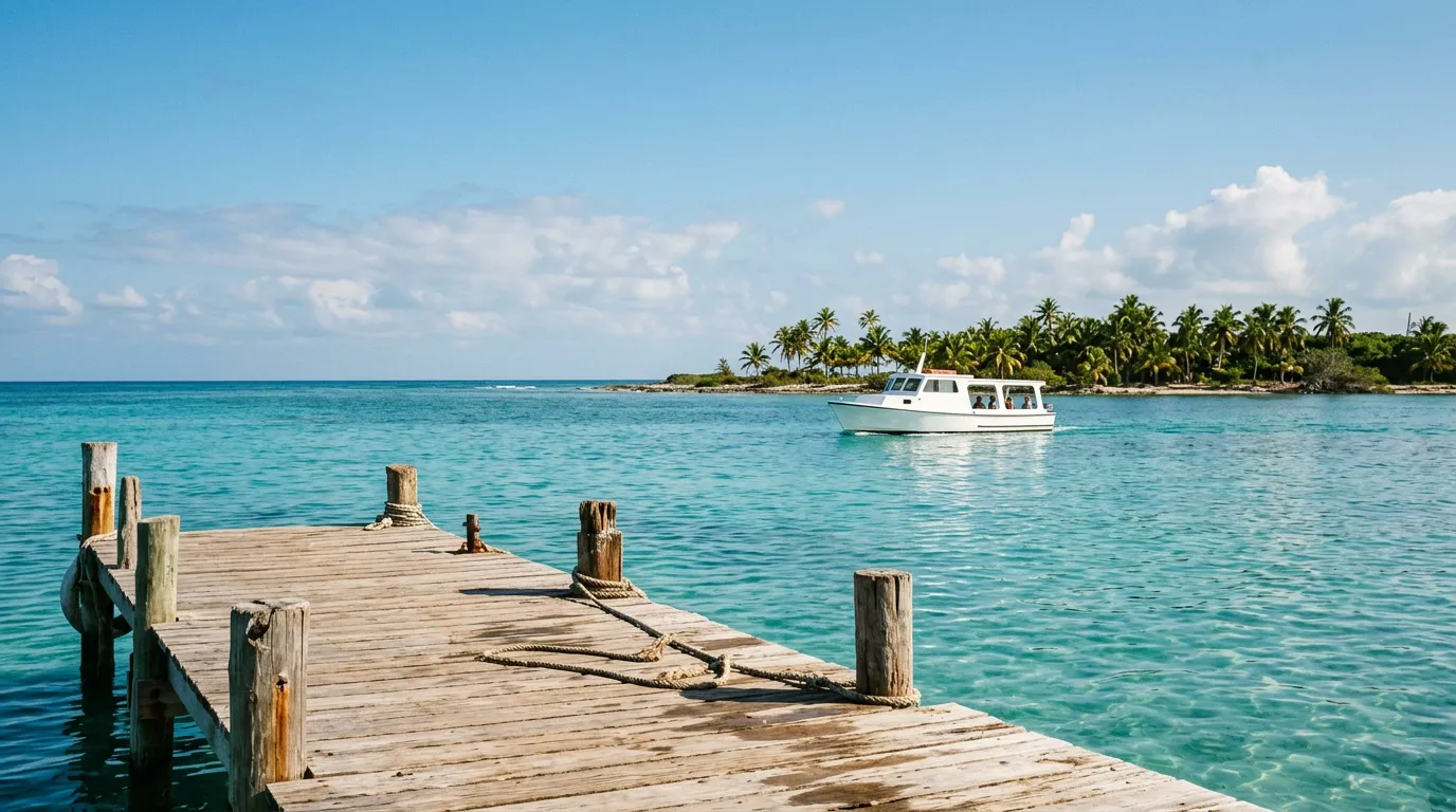 A small white ferry crossing turquoise water toward a palm-fringed island, seen from a wooden pier