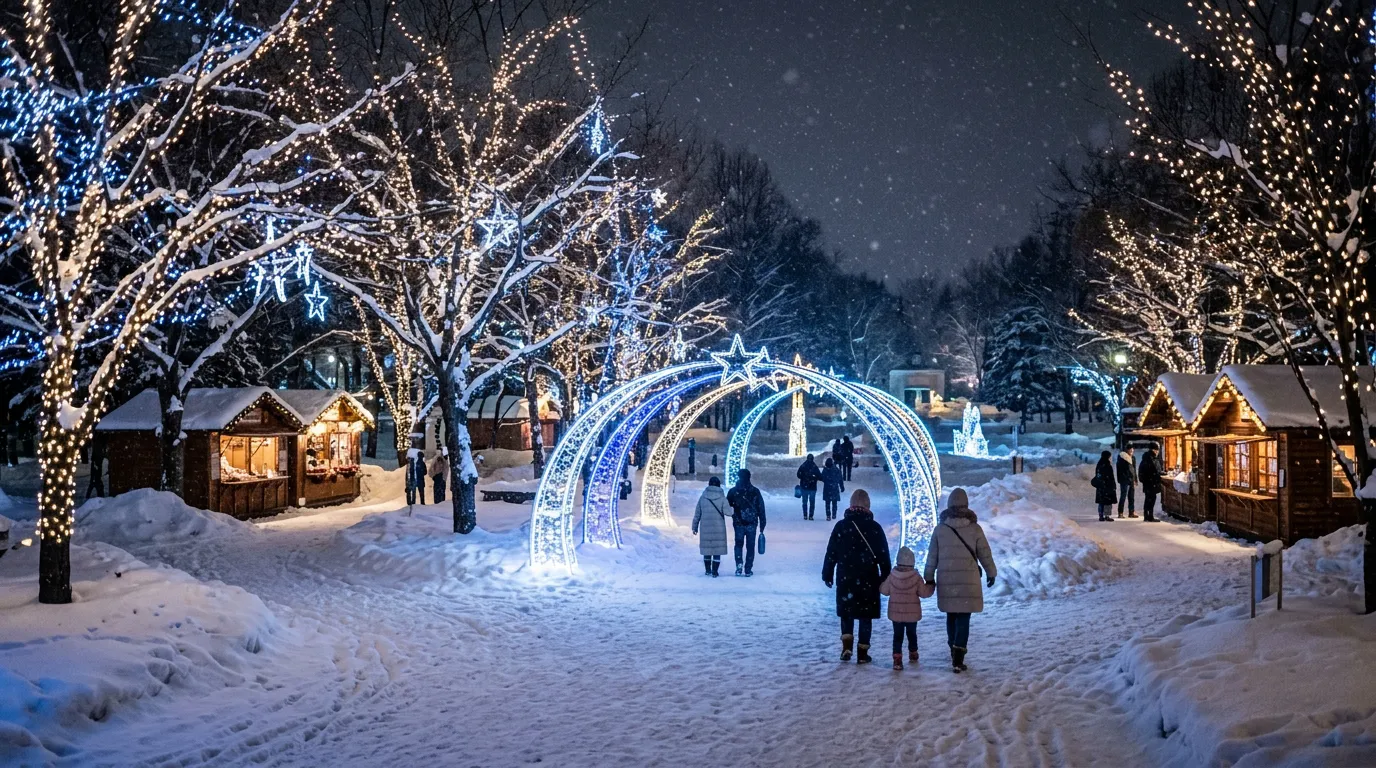 Blue and white light installations glowing in a snow-covered park at night as snow falls