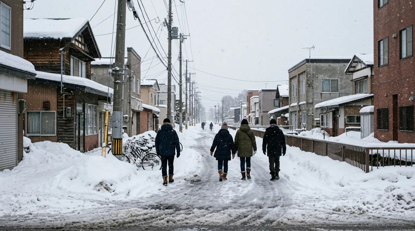 People in parkas and boots walking carefully along a snow-packed street between deep snowbanks