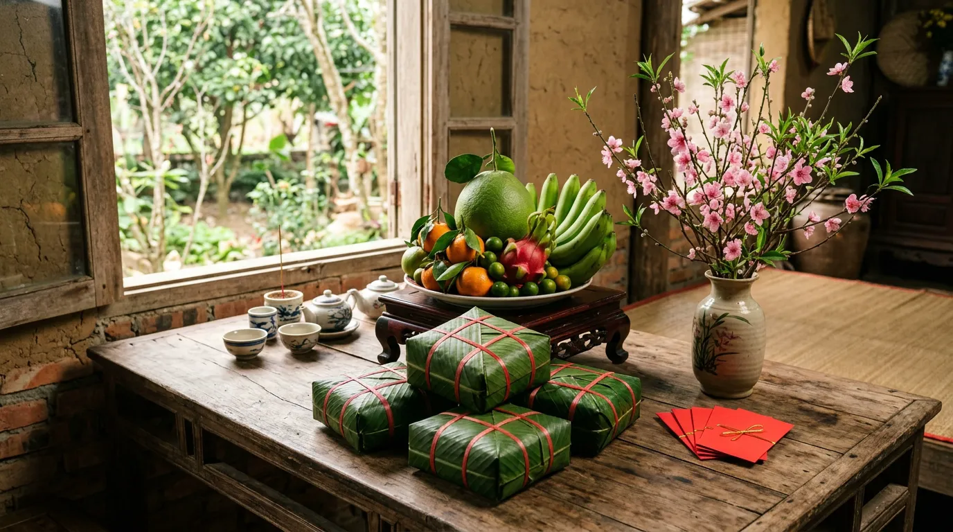 Square banh chung cakes wrapped in green leaves beside a tray of five fruits and pink peach blossom
