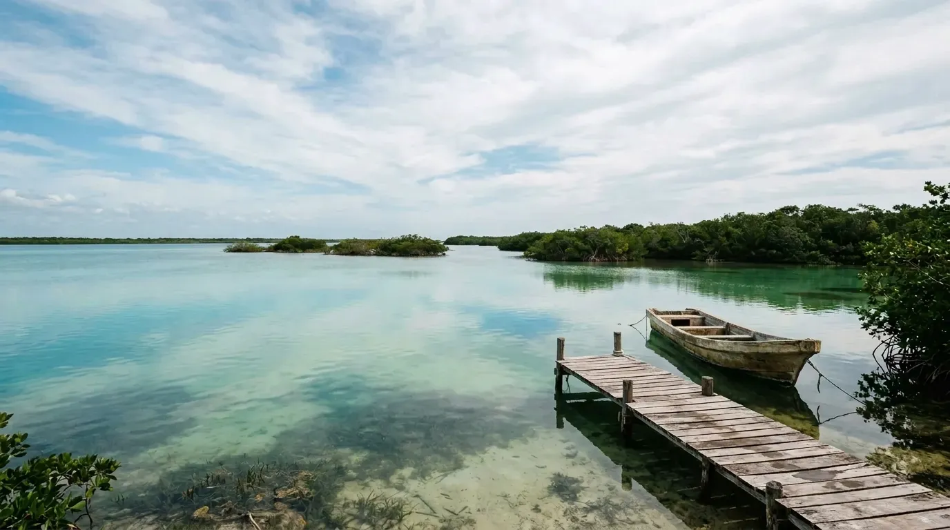 A still mangrove lagoon in the Sian Ka'an reserve, with a small wooden boat tied to a jetty
