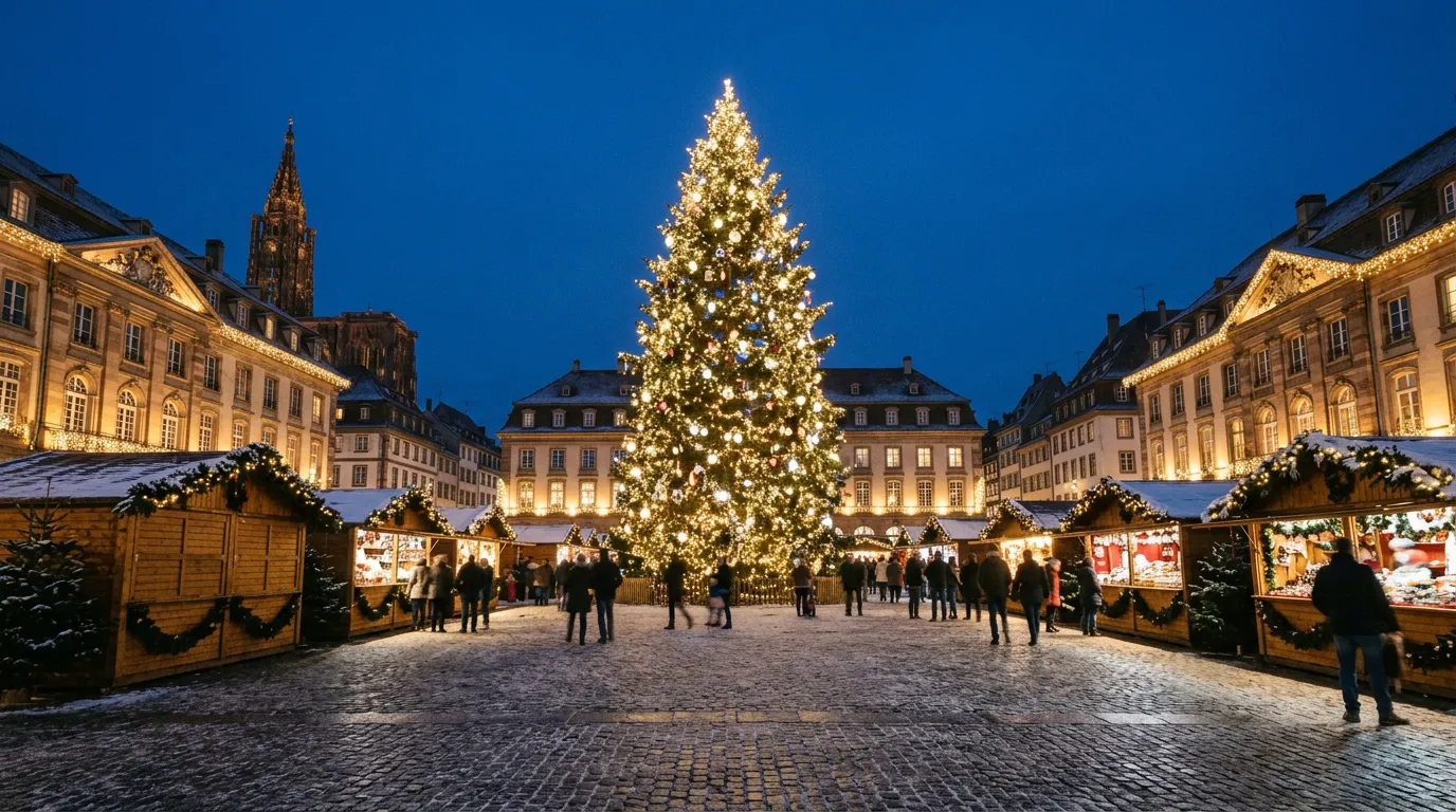 A tall lit Christmas tree surrounded by wooden market chalets on a Strasbourg square at blue hour