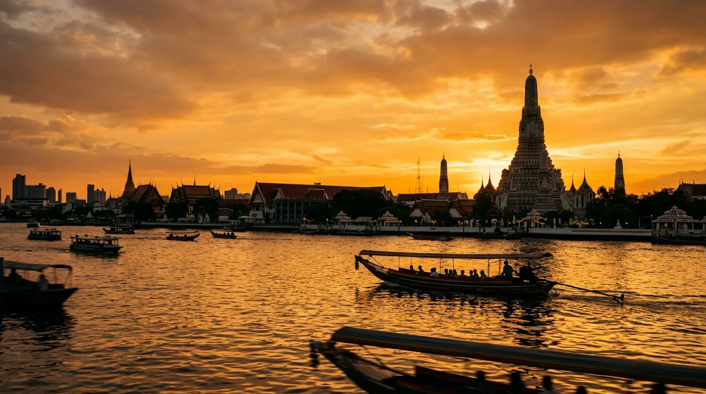Temple spires on the Chao Phraya River in Bangkok at sunset, with long-tail boats crossing the golden water