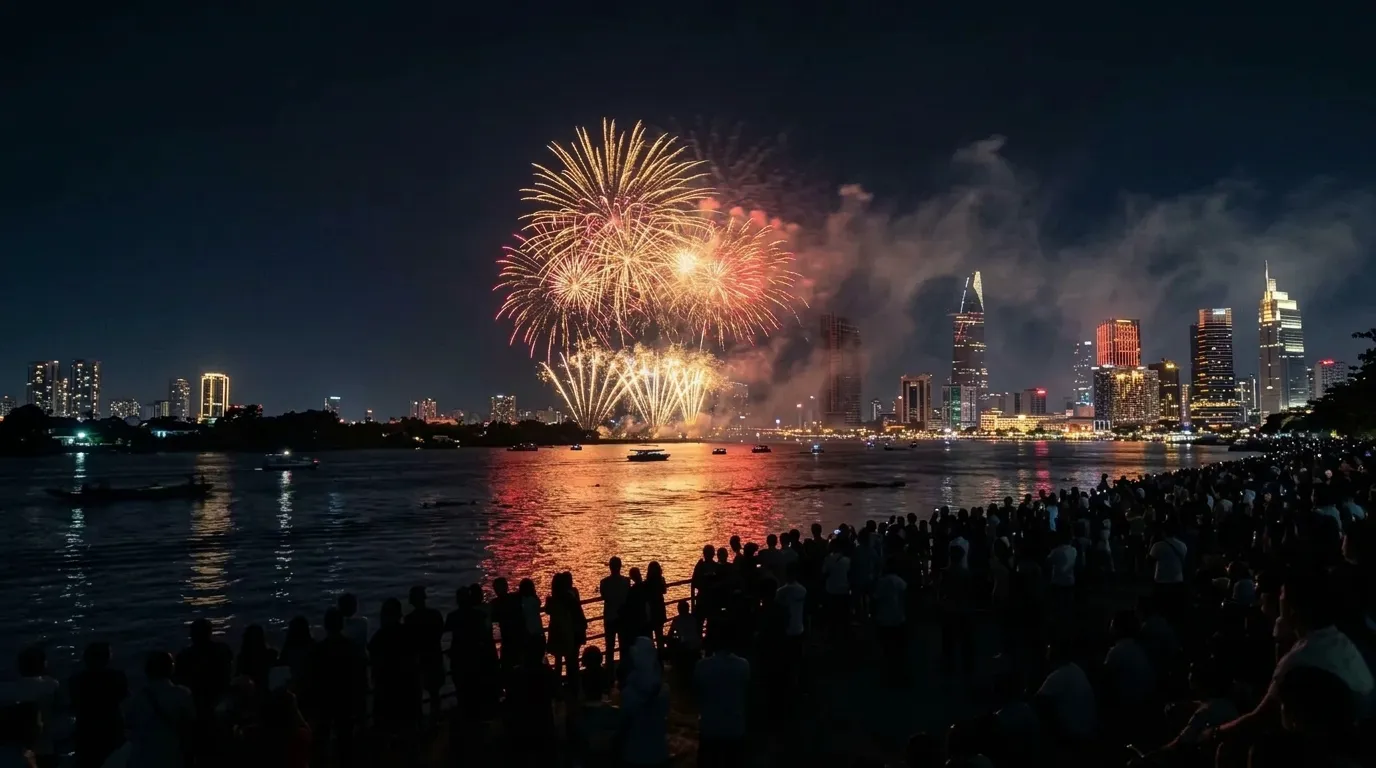 Gold and red fireworks bursting over a wide city river at midnight, with crowds silhouetted on the bank