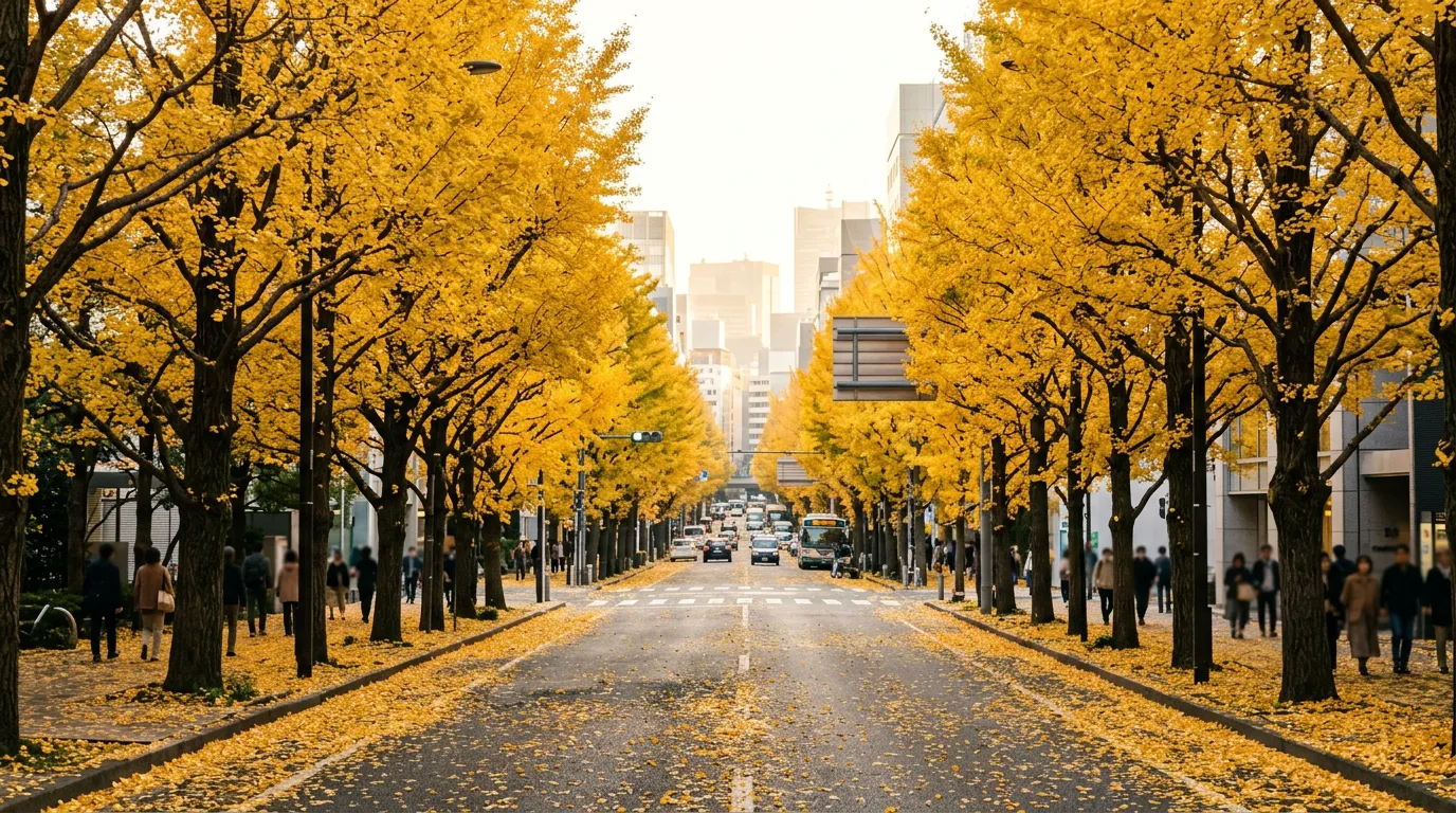 A Tokyo avenue lined with golden ginkgo trees, the pavement covered in fallen yellow leaves