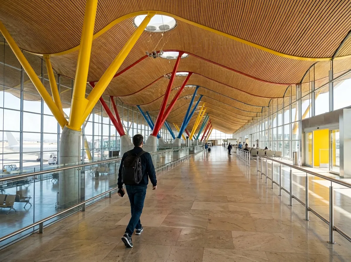 A traveler with a backpack walks through a bright terminal under a wavy wooden ceiling, phone in hand