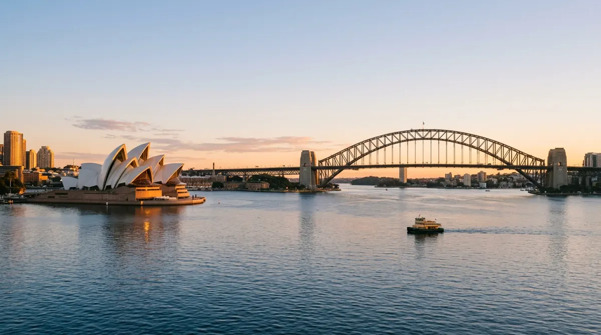 Sydney Harbour with the Opera House and the Harbour Bridge at golden hour