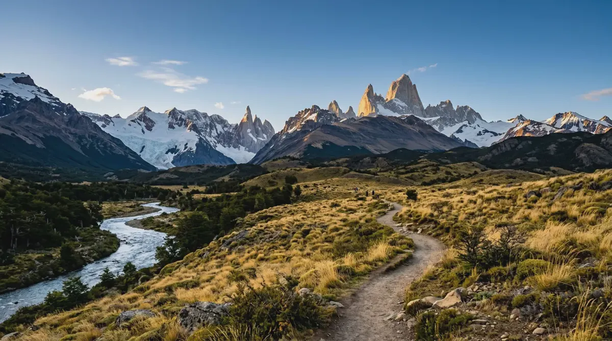 Mount Fitz Roy's granite peaks glowing at sunrise above the Patagonian steppe near El Chaltén